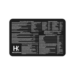 May include: Black rectangular mousepad featuring keyboard shortcuts for Microsoft Excel. The mousepad includes text detailing shortcuts for ribbon navigation, frequently used shortcuts, and paste special dialog options.