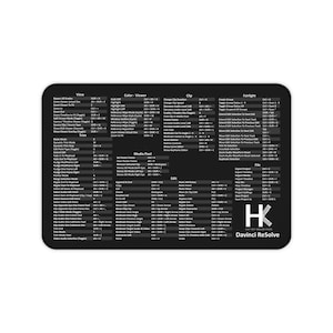 Puede incluir: Alfombrilla de ratón rectangular negra con esquinas redondeadas. La alfombrilla presenta texto blanco que detalla los atajos de teclado para DaVinci Resolve. La esquina inferior derecha muestra el logotipo "HK" y el texto "Davinci Resolve".