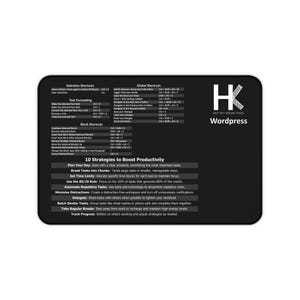 Puede incluir: Alfombrilla de ratón rectangular negra con esquinas redondeadas. La alfombrilla presenta texto que detalla los atajos de teclado y las estrategias de productividad. La esquina superior derecha muestra el texto "HK Hot Key Mouse Pads Wordpress".