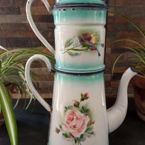 Old enameled sheet metal coffee pot - floral decoration -