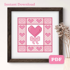 Heart and Bow Cross Stitch Pattern Girly Pink Valentine&#39;s Day Cross Stitch Pattern