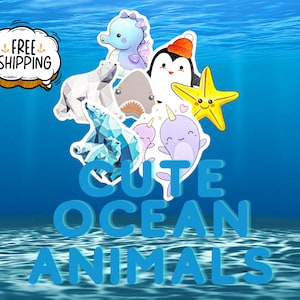 Pegatinas de animales marinos adorables / Juego de 5 a 50 unidades variadas / Vinilo con acabado mate / Pegatinas decorativas de animales adorables / Paquete de pegatinas / Envío gratuito ~