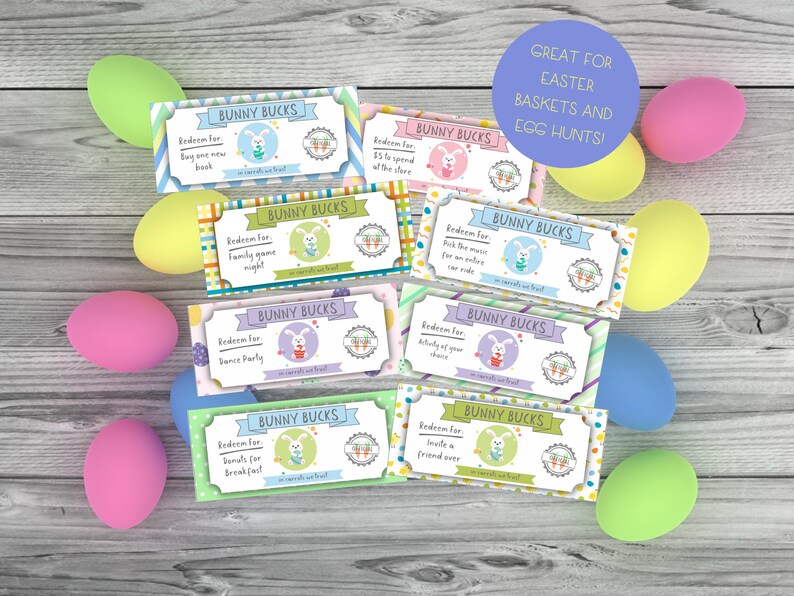 Easter Bunny Bucks Printables, Easter Play Money, Easter Egg Filler, Easter Coupons, Easter