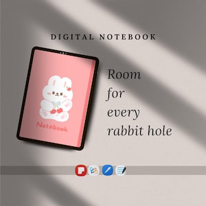 Puede incluir: Una tableta digital que muestra una portada de cuaderno rosa con una ilustración de un conejo blanco sosteniendo cerezas. El texto dice DIGITAL NOTEBOOK, Room for every rabbit hole y Notebook. Cuatro iconos circulares aparecen abajo.
