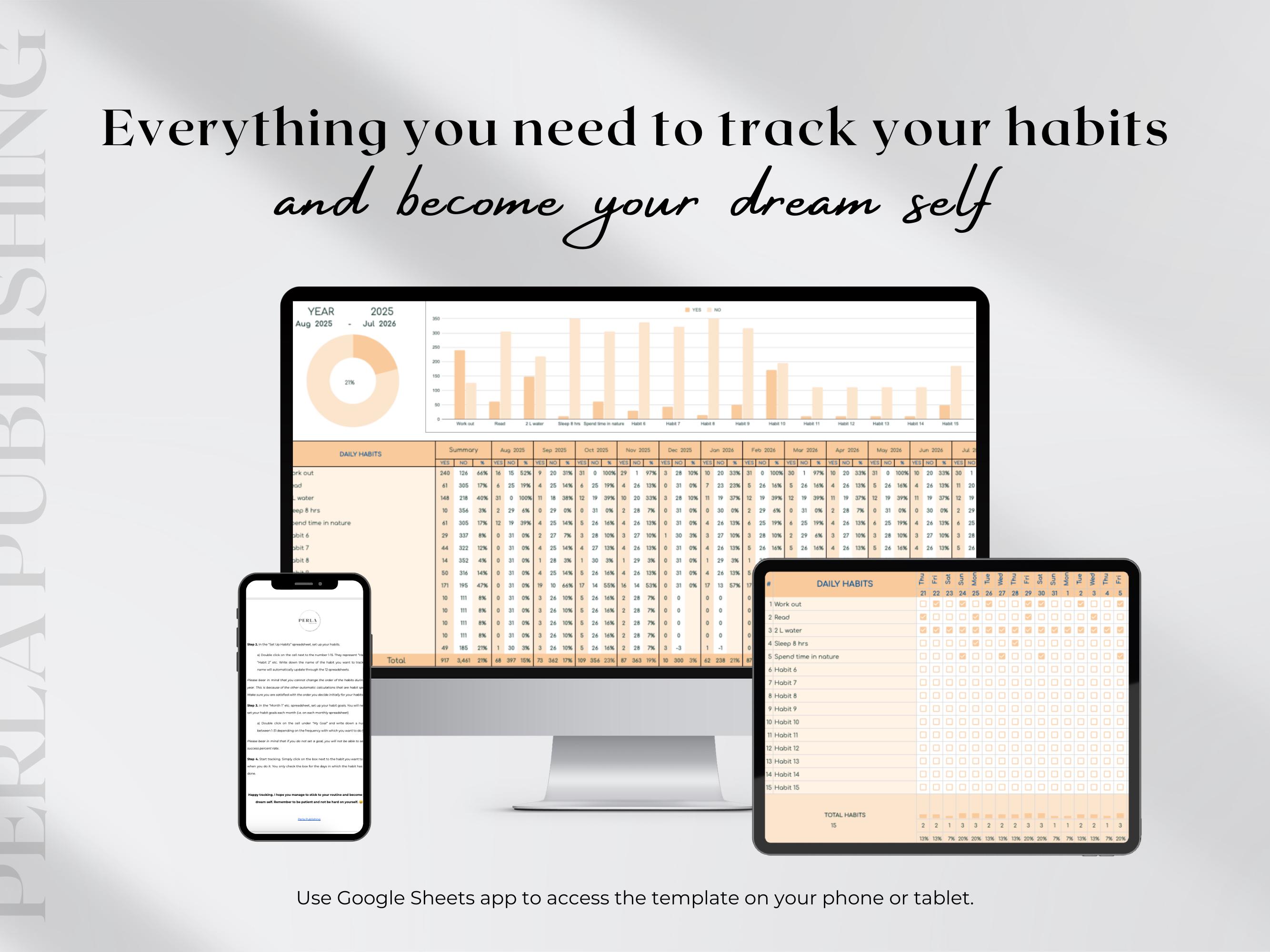 Google Sheets Habit Tracker Spreadsheet Aesthetic Template, Daily ...