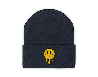 Trendy Chill Vibe Smiley Face Melted Beanie // Ready to Ship // Adult Size Beanie // Gift for Teen