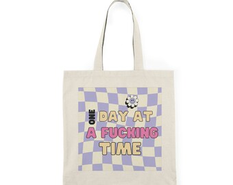 Sober Lifestyle Gift: One Day at a F*cking Time Canvas Tote Bag - Pink and Purple Floral Checkered Design