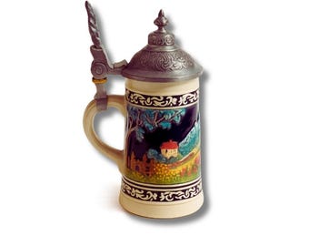 Miniaturowy niemiecki kufel do piwa z cynową pokrywką | Kubek ceramiczny malowany ręcznie | Bawarski kolekcjonerski kufel do piwa | Dekoracja Oktoberfest Prezent 8x4cm