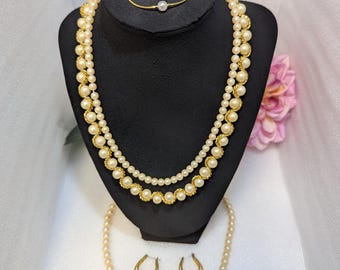 Faux Pearl Jewelry Set: Gold Tone Necklace, Ring, Earrings & Bracelet.
