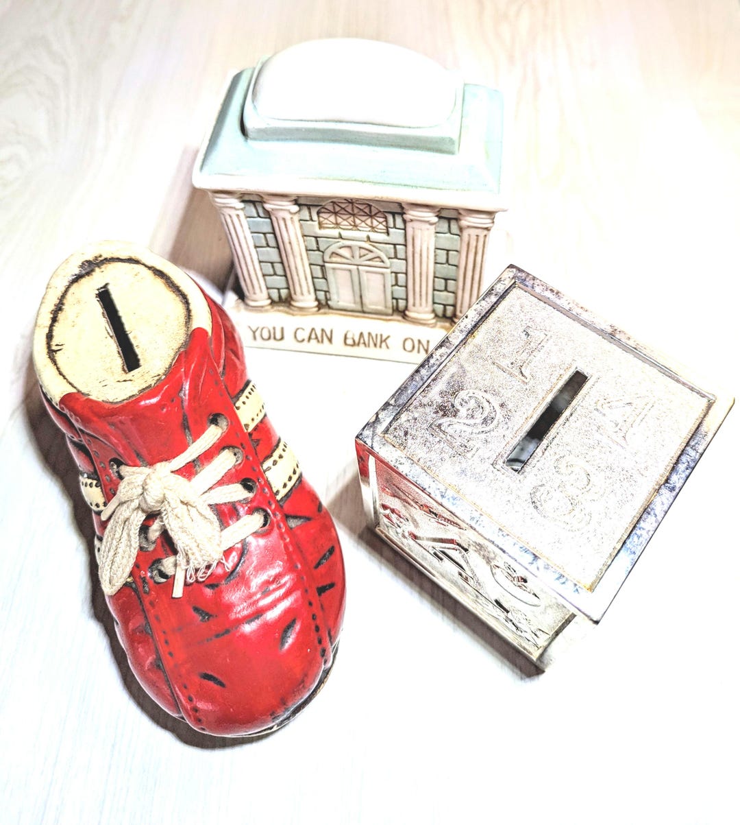 Coin Bank Collection 3-pc Coin Bank Collection. Bank Building, Block, and Sport Shoe. - Etsy