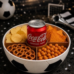 Könnte beinhalten: Eine runde, weiß-schwarze Snackschale in Fußballform mit vier Innenfächern. Die Schale enthält geriffelte Kartoffelchips, dreieckige Tortilla-Chips, Brezeln und runde Snacks, mit einer roten Coca-Cola-Dose in der Mitte.