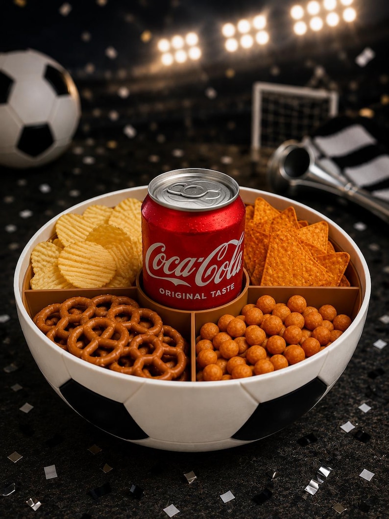 May include: A round, white and black soccer ball-shaped snack bowl with four internal compartments. The bowl contains ridged potato chips, orange tortilla chips, brown pretzels, and round orange snacks, with a red Coca-Cola can in the center.