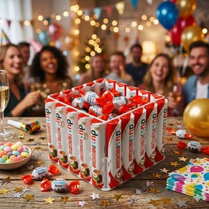 Könnte beinhalten: Eine Schachtel aus Kinder Bueno Schokoriegeln, gefüllt mit verpackten Pralinen. Die Schachtel steht auf einem Holztisch mit Partydekorationen, darunter eine Schüssel mit Süßigkeiten, goldene Sterne und ein goldener Ballon. Menschen sind im Hintergrund.