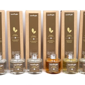 Può includere: Sei bottiglie di vetro di profumo per ambiente con scatole di cartone marrone. Ogni bottiglia ha un tappo argentato e un'etichetta che recita "santegle Profumo per ambiente". Le scatole hanno uno sfondo marrone con un disegno di foglie bianche e il testo "santegle Profumo per ambiente".