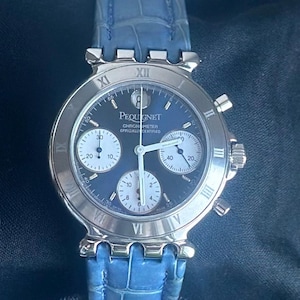 Pequignet Moorea AT Date Chronograph vintage watch blue leather silver vintage