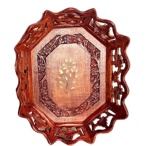 Vintage Carved Octagonal Wooden Tray, Decorative Carved Flowers and Inlay Handmade, Wood Coffee Table Tray, Boho Floral Inlay Tray. Gift