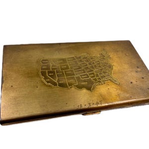 Majestic USA Cigarette Case, 1940s Brass, Luxury Engine Turning, Hand Engraved US Map, Art Deco New York, Vintage Gift for Collector