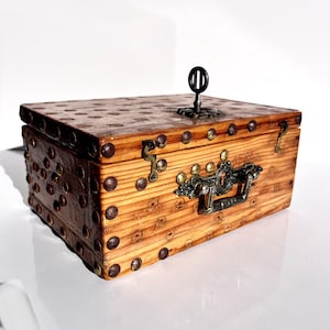Vintage Portuguese rectangular wooden safe for documents and money with lock. Old vintage wooden handmade jewelry box souvenir gift for her