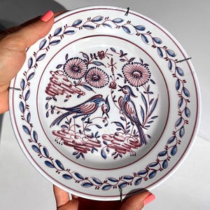 Vintage Portuguese ceramic plate, hand painted by Outeiro Agueda, signed wall art, birds and floral motif, rare wine and cobalt blue colors