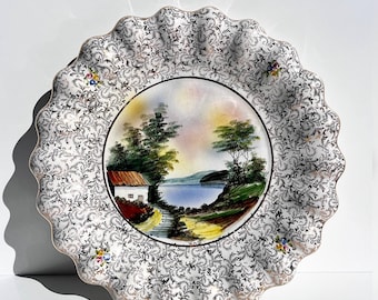 Vintage RB Alcobaça wall plate, Portugal, hand painted landscape, scalloped edge, floral gilding, 1960s decorative ceramic art. Gift for her