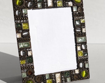 Vintage photo frame with ornate faux cabochon stones, white crystals and hot colored enamel on brass Small green frame Souvenir gift for her
