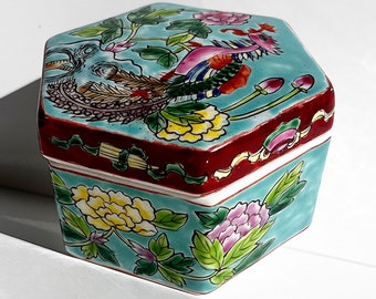 Rare Chinese jewelry box with bird and flowers. Vintage Asian Chinese Ceramic Jewelry Box Ornate Asian decor. Souvenir gift for her