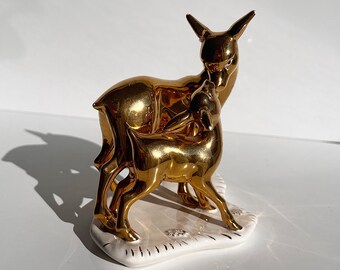 Collectible porcelain figurine golden Deer-Mother and baby. rare vintage figurine, minimalist figurine for home decor. Souvenir gift, unique