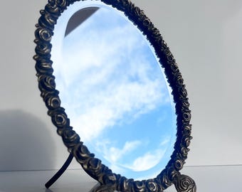 Antique Art Deco brass table mirror with Floral ornament. Europe, 1950s