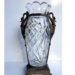 Antique heavy Portuguese crystal vase in bronze, with swans, home decor, flowers Crystal and bronze in Art Nouveau style RIBEIRO Gift unique