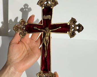 Crucifix Bronze Catholic Wall Cross, Velvet Backed, Portugal Home
