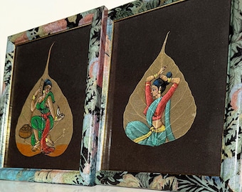 Exotic Bodhi Leaf Paintings for Wall Art, Ethnic Decorative Pair, 25×20 cm (9.8×7.9 in), handmade in India, spiritual boho home décor, rare