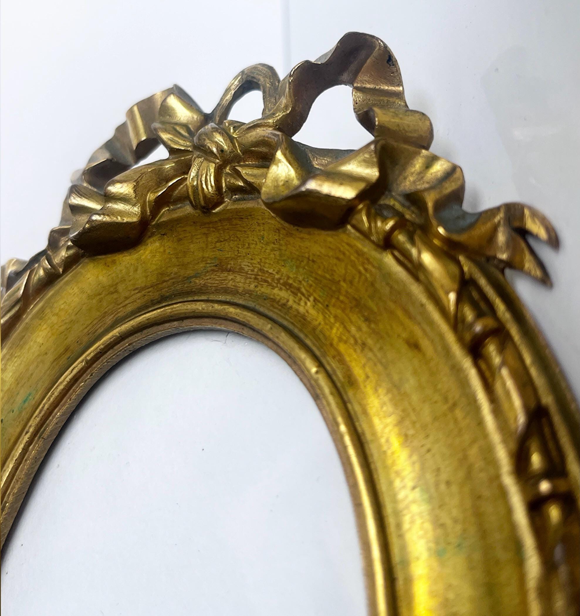 Antique French Oval Photo Frame With Ribbon Motif, Ornate Brass