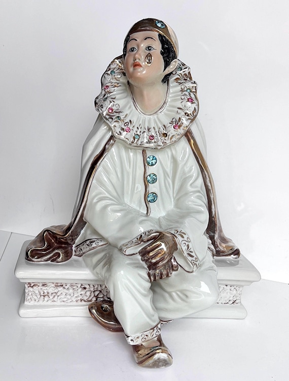 Vintage Collectible Large Porcelain Sculpture Crying Pierrot