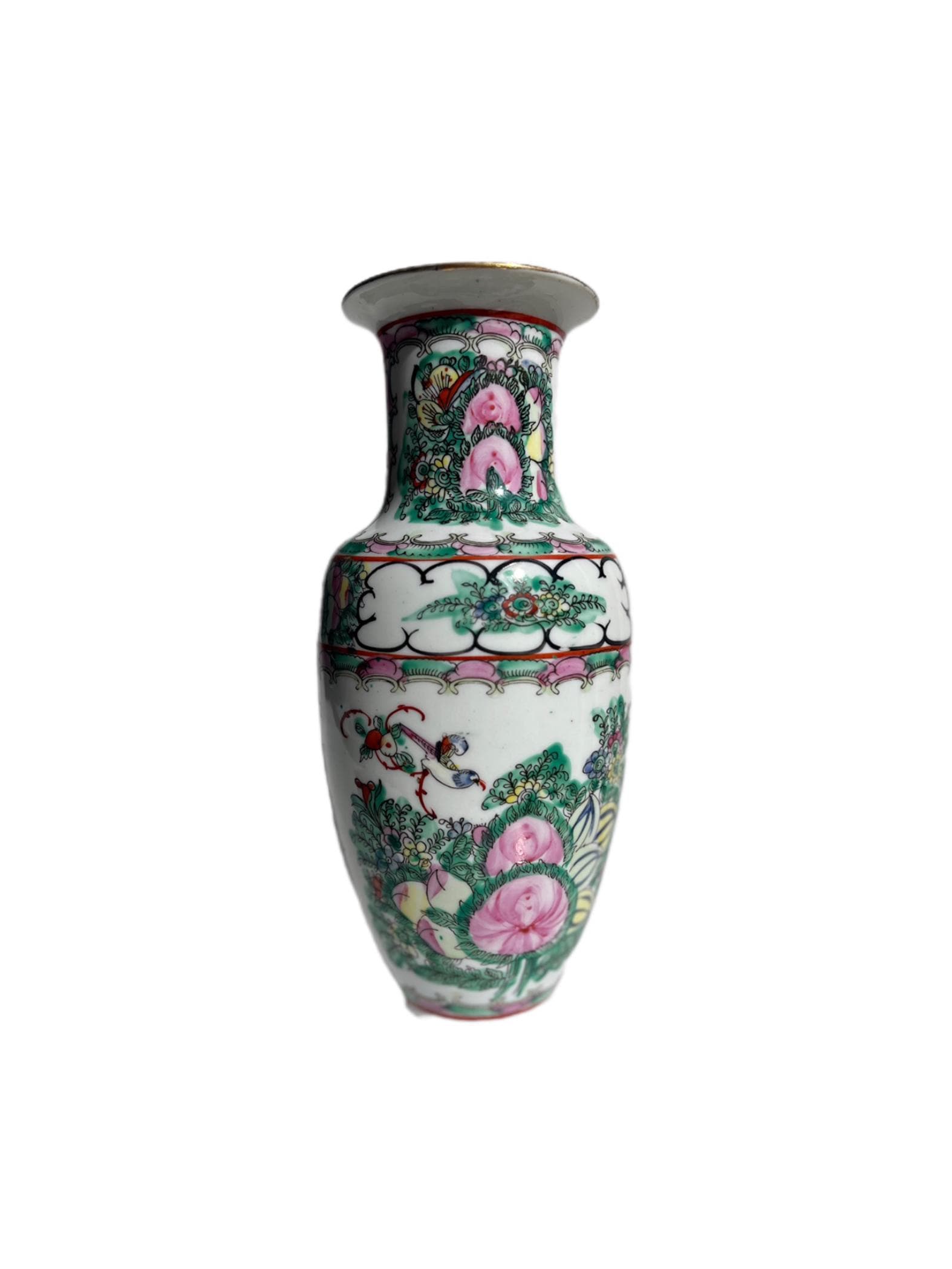 ヴィンテージ中国磁器花瓶、手描き牡丹と蝶のモチーフ、20世紀中期の