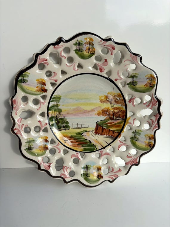 Vintage Wall Plate/Hand Painted Wall Plate/Ceramic Wall Plate/Decorative Plate/Wall Decor/Mesh Edge Portugal, Alcobaça. Souvenir Gift/Unique