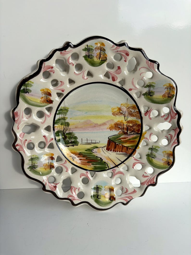 Vintage Wall Plate/Hand Painted Wall Plate/Ceramic Wall Plate/Decorative Plate/Wall Decor/Mesh Edge Portugal, Alcobaça. Souvenir Gift/Unique image 1