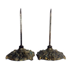 Rare vintage bronze receipt spikes pair, Victorian style, decorative floral desk accessories, antique paper holders, collectible set. Gift