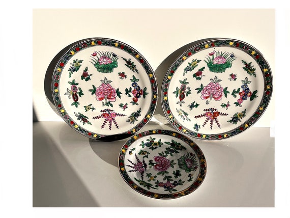 中国製の絵皿3枚 中国清時代 魚図大皿3枚 25.5/