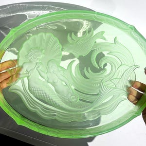 Rare Walther & Sohne uranium glass mermaid tray, green art deco vanity centerpiece, German pressed glass 1930s, collectible nymph dish