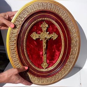 Vintage Portuguese wall crucifix, ornate brass cross on red velvet, 1950s–70s devotional art, religious collectible, Catholic framed icon