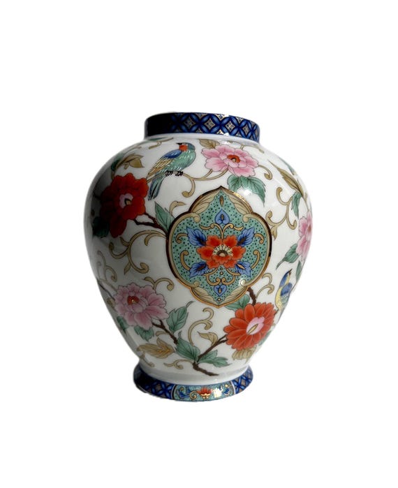 Vintage Japanese Oriental Garden Vase, Hand Painted Porcelain