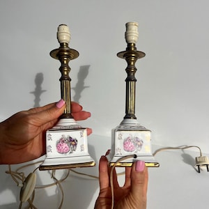 Porcelain table lamps, courting couple scene brass column, hand-painted gold details, collectible home decor, romantic rococo style lighting