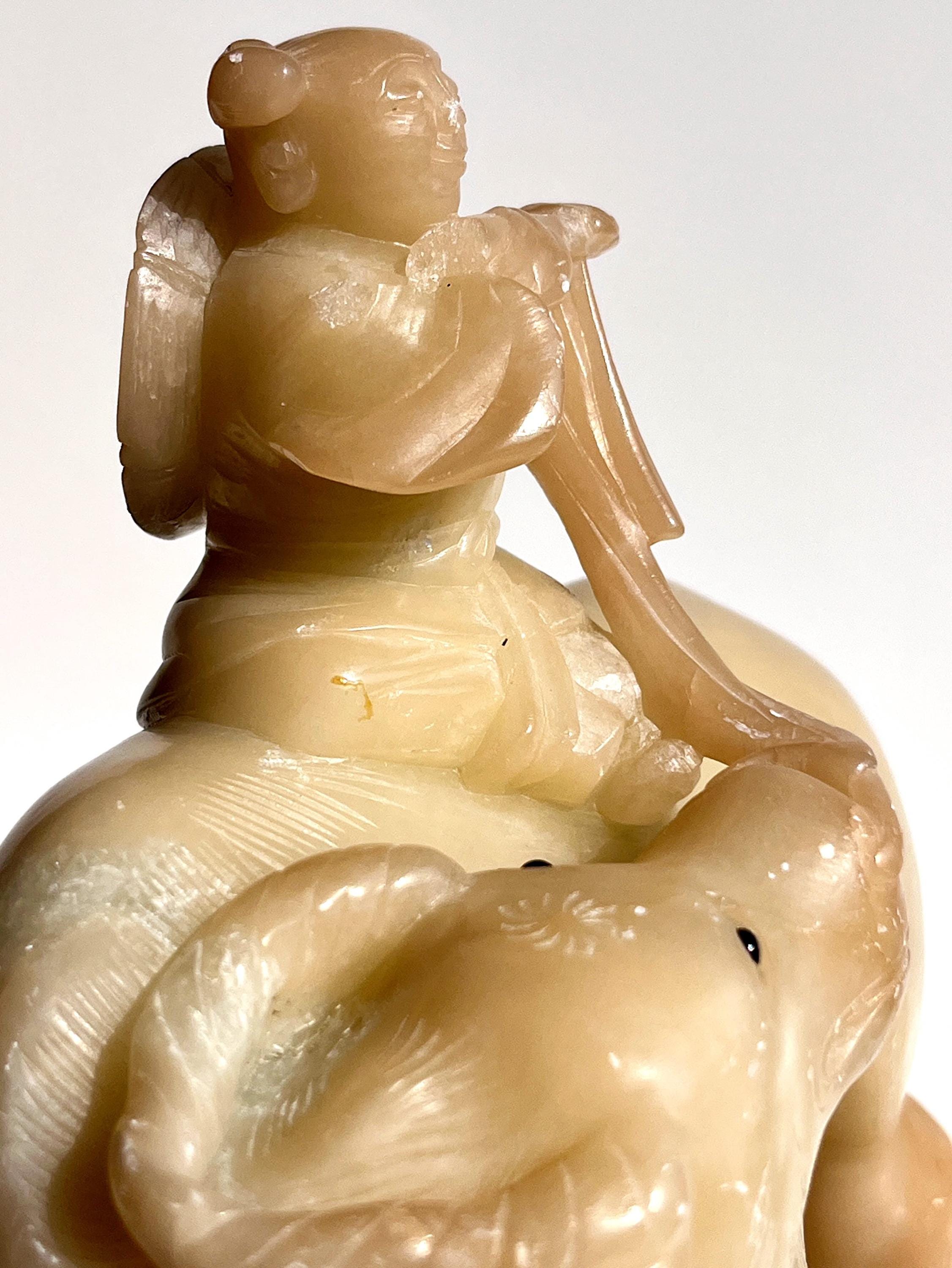 Vintage Chinese Soapstone Sculpture, Boy Playing Flute on Water