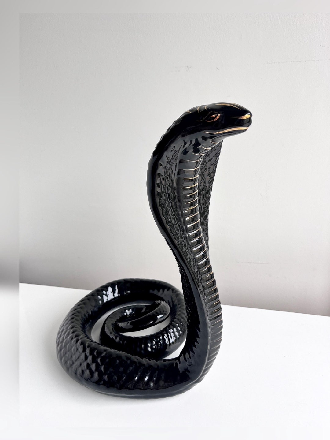 Vintage Italian Ceramic Snake Sculpture Grand Cobra Black and Gold in ...