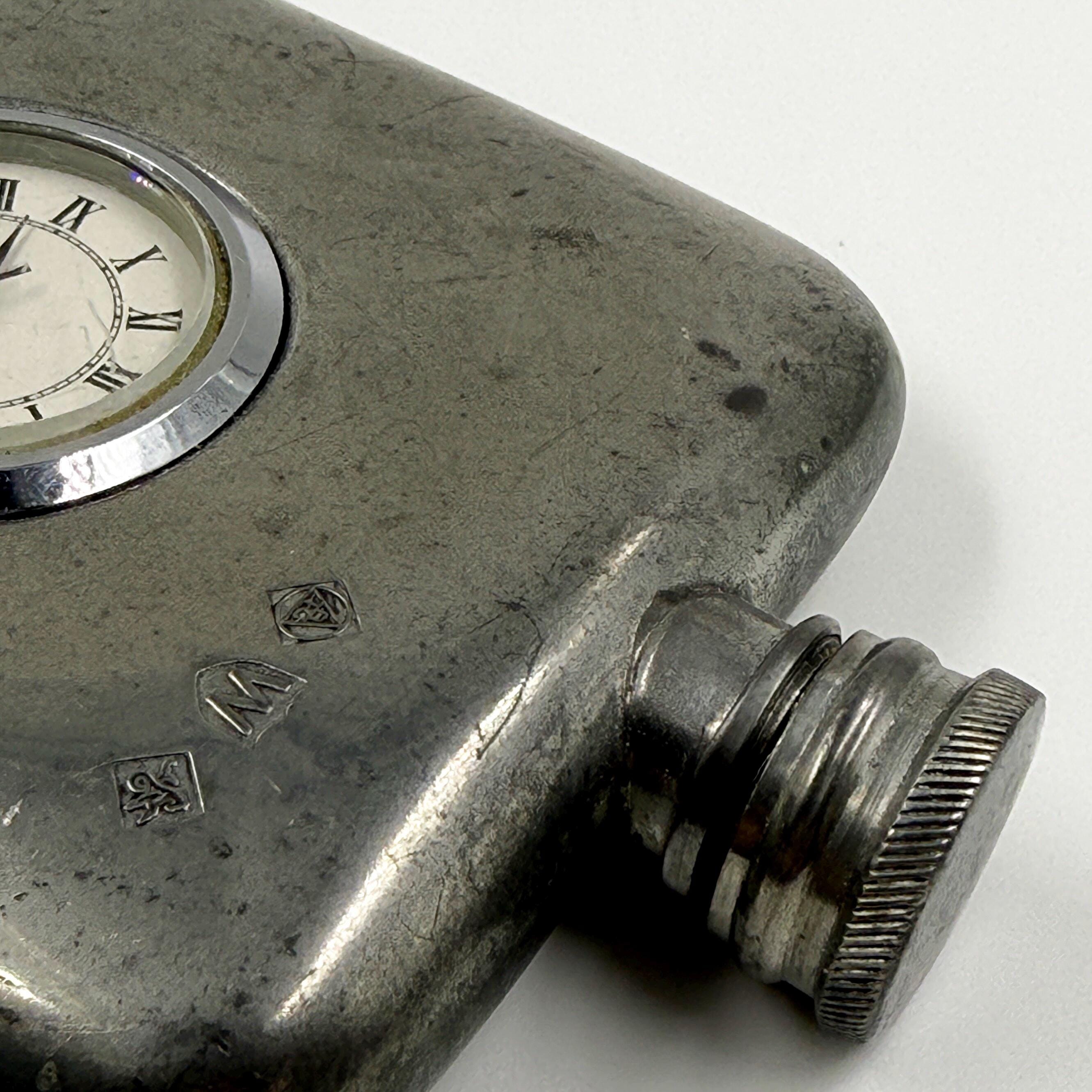 English Pewter Hip Flask With Japan Quartz Clock, Gentleman's Club