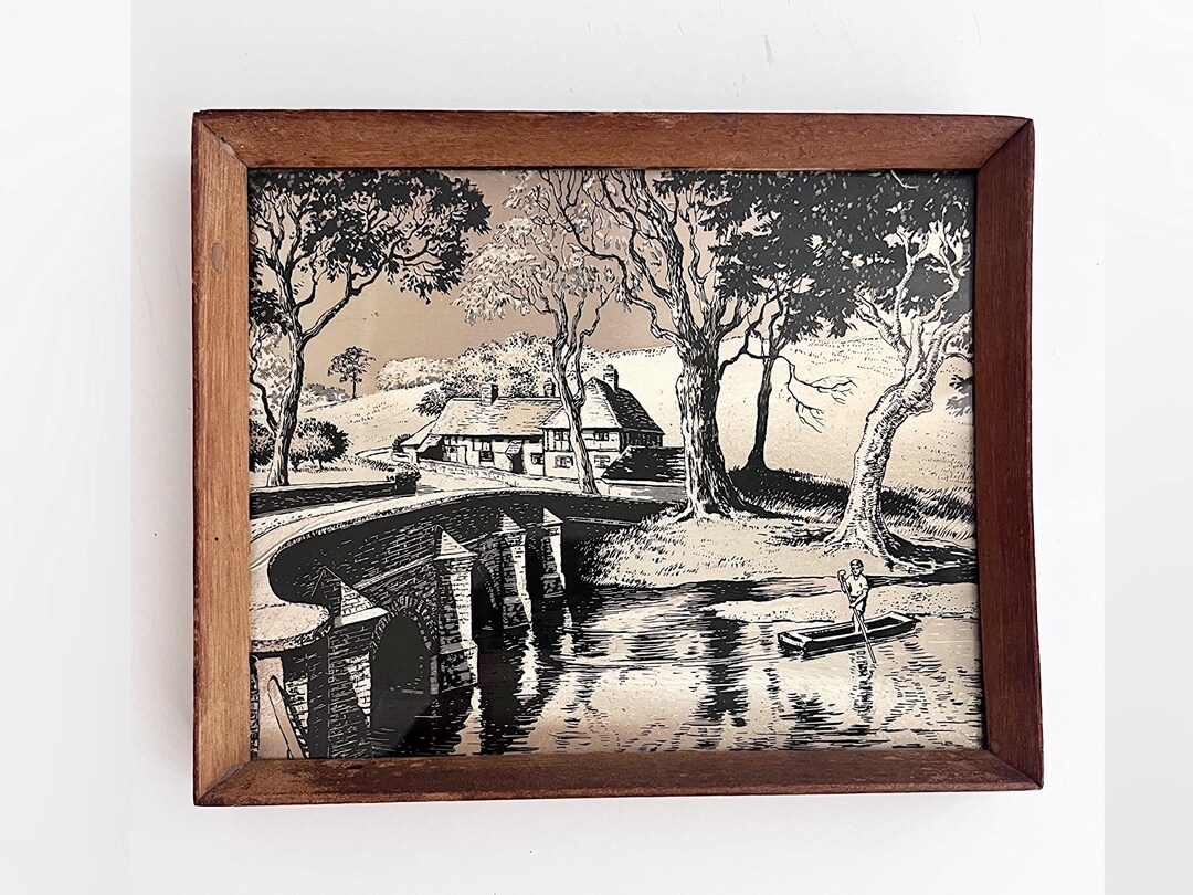 Vintage Woodcut the Bridge on the River Gade, England 1970s FJ