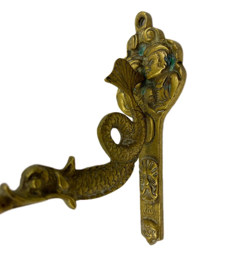 Antique Brass Wall Hook - Dolphin or Sea Dragon Design. Europe, Circa 1880-1920.