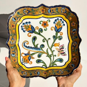 Vintage Italian Faenza ceramic plate, hand painted maiolica dish, gold floral rim, butterfly and tulip decor, rare square collectible piece