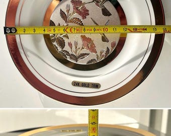 ヴィンテージ彫金の芸術 24KT 装飾皿、24Kゴールドリム、エッチング