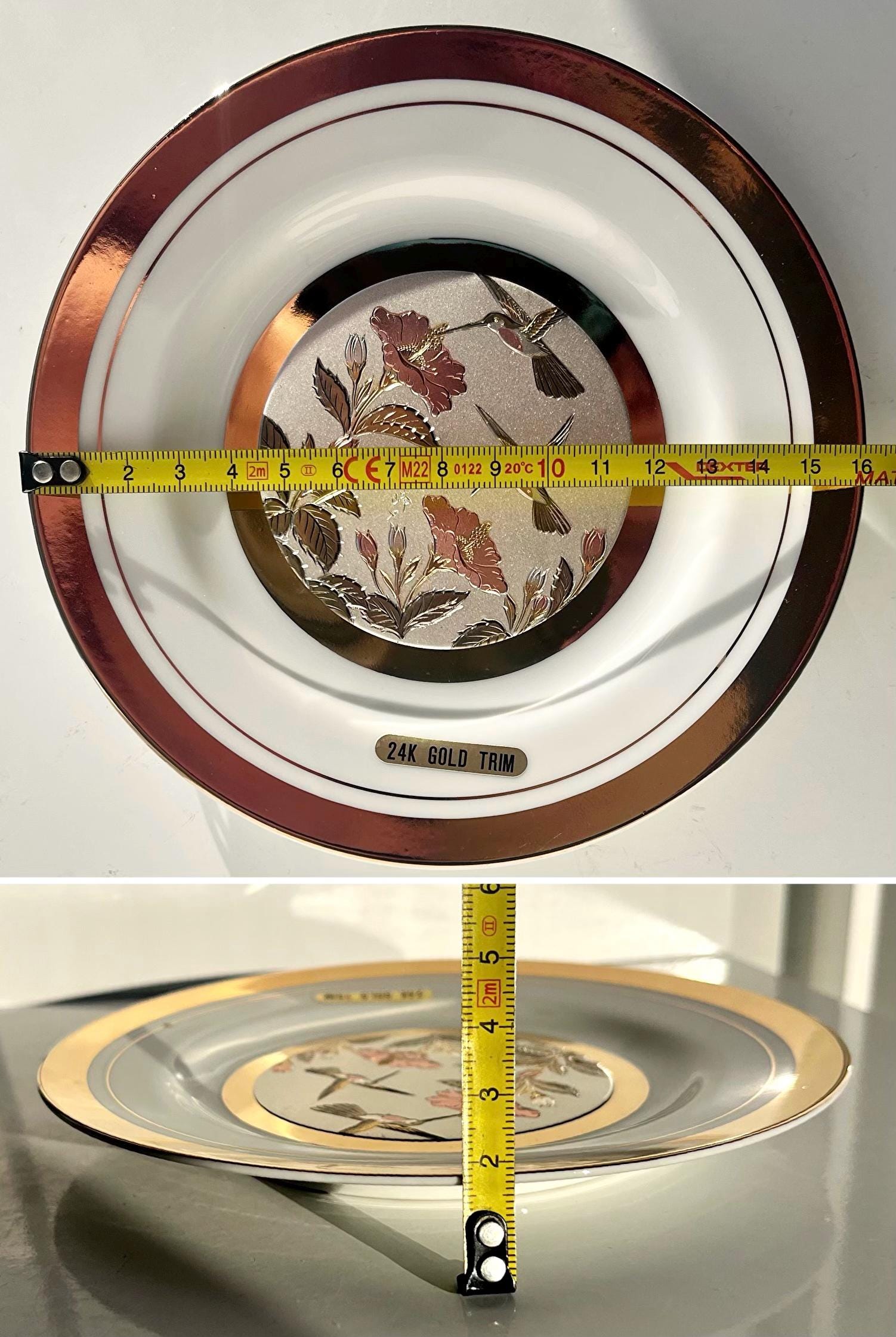ヴィンテージ彫金の芸術 24KT 装飾皿、24Kゴールドリム、エッチング